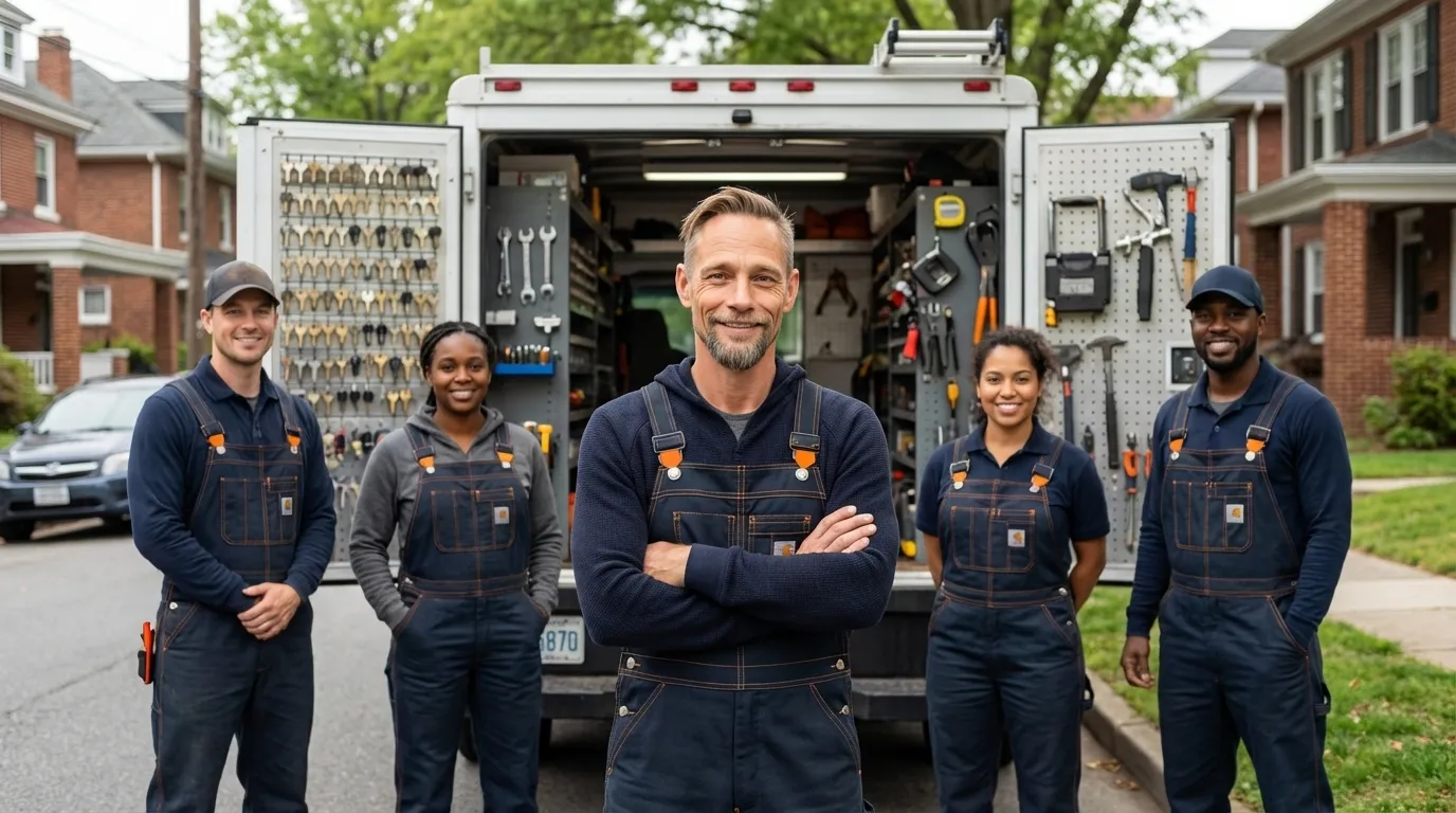 Professional locksmith team standing in front of a service truck in Richmond, Virginia